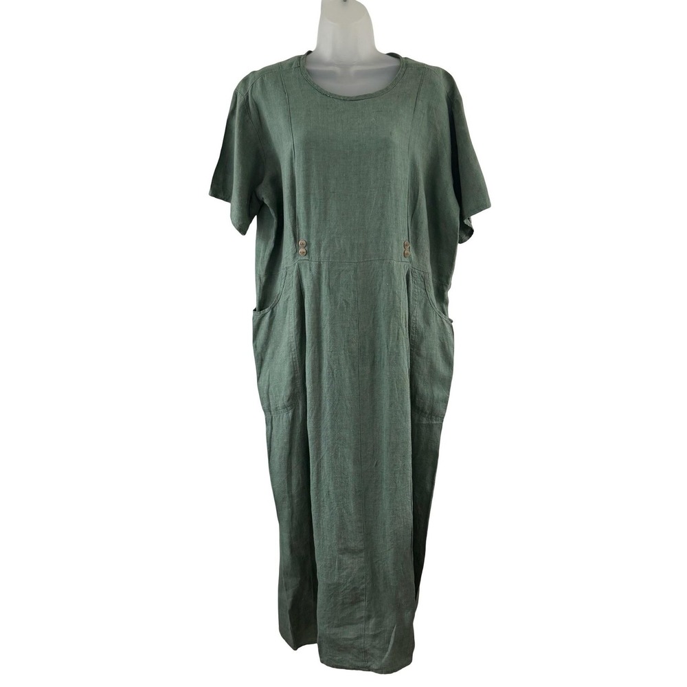 Vintage FLAX By Jeanne Engelhart Dress Womens Medium Green Linen Maxi Pockets